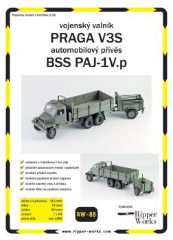 tschechischer geländegängiger Lkw Praga V3S + Anhänger BSS PAJ-1V.p 1:32 präzise