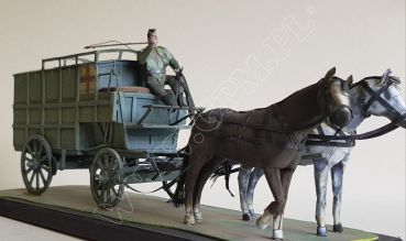 deutscher zweispänniger Sanitätswagen Sf.1 (Ambulanz, Heeresfeldwagen) mit Kutscher und zwei Pferden 1:25 präzise