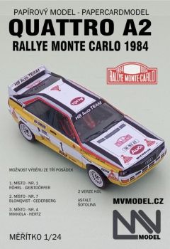 Audi Quattro A2 in drei optionalen Darstellung des Fahrzeuges von der Rallye Monte Carlo 1984 1:24 präzise
