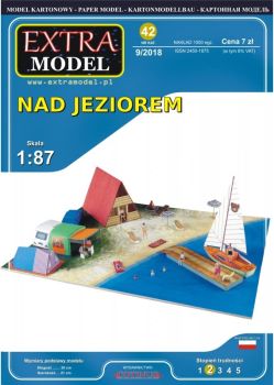 Diorama „an der See“ (Pkw, Wohnanhänger, Zelt, Holzhaus, Segelyacht u.a.) 1:87 (H0) einfach