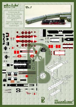 Deutschen Reichsbahn - Fernreisezug: Schnellzuglokomotive BR 01.5, Doppelstockgliedzug DGG 13 mit Buffet- und Gepäckwagen (1960er) 1:250