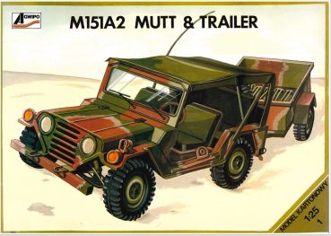 fertiggebautes Modell: Ford M151 MUTT mit einachsigem Anhänger und Ausrüstung 1:25