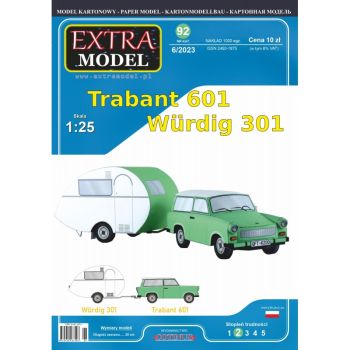 DDR-Kult-Gespann: Trabant 601 Kombi mit Reisewohnwagen Würdig 301 „Dübener Ei“ 1:25 einfach