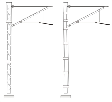 zwei Oberleitungsmasten (Gitter- und Stahlprofil-Mast) 1:25 Ganz-LC-Modell, übersetzt