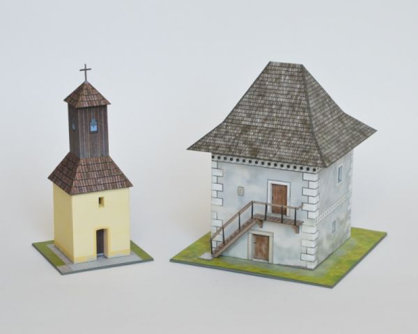 Glockenturm mit Schindeldach (18. Jh.) + Renaissance-Getreidespeicher (ex. Wohnhaus) aus Zemianske Kostolany (Slowakei) 1:120