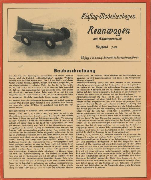 Rennwagen mit Raketenantrieb 1:20 Verlag Klasing u. Co. G.m.b.H. Berlin W. 35