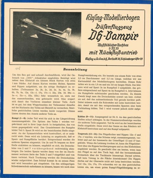 Düsenflugzeug DH Vampir mit Rückstoßantrieb, maßstäblicher Nachbau 1:33,33 Verlag Klasing u. Co. G.m.b.H. Berlin W. 35