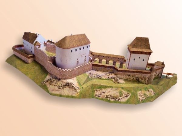 2 vollständige Modelle: Burg / Schloss Velhartice (Welhartitz) - 14 . Jh. und gegenwärtig 1:300 70 cm-Länge!