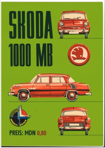 Skoda 1000 MB 1:25 DDR-Verlag Junge Welt / Kranich Modell-Bogen Originalausgabe von 1966