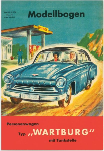 Personenwagen Typ Wartburg 312 mit Tankstelle Minol 1:25 DDR-Verlag Junge Welt Kranich-Modellbogen (1959)