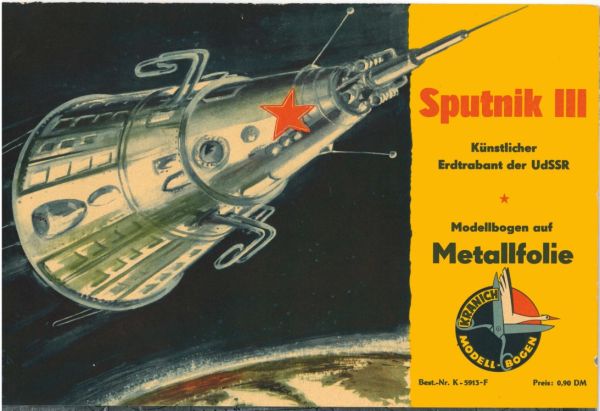 künstlicher Erdtrabant der UdSSR Sputnik III 1:15 Metallfolie, DDR-Verlag Junger Welt, Kranich Modell Bogen, selten