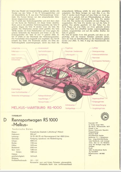 DDR-Rennsportwagen Melkus RS 1000 (Bj. 1968 – 1970) auf der Basis von Wartburg 353 1:25 selten, Verlag Junge Welt