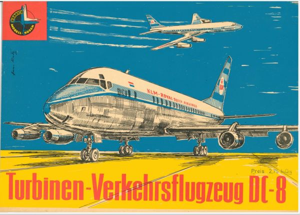 Turbinen-Verkehrsflugzeug Douglas DC-8 der KLM 1:50 auf Silberfolie, DDR-Verlag Junge Welt (Kranich Modell-Bogen 1965),  ANGEBOT