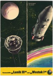 Raumschiffe Lunik III (Luna 3) und Wostok I (auf Metallfolie) DDR-Verlag Junge Welt, Kranich Modellbogen (1962)
