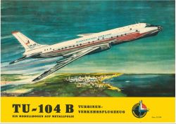 TU-104 B Turbinen-Verkehrsflugzeug Ceskoslovenske Aerolinie 1:50 auf Silberfolie, DDR-Verlag Junge Welt (Kranich Bogen 1964)